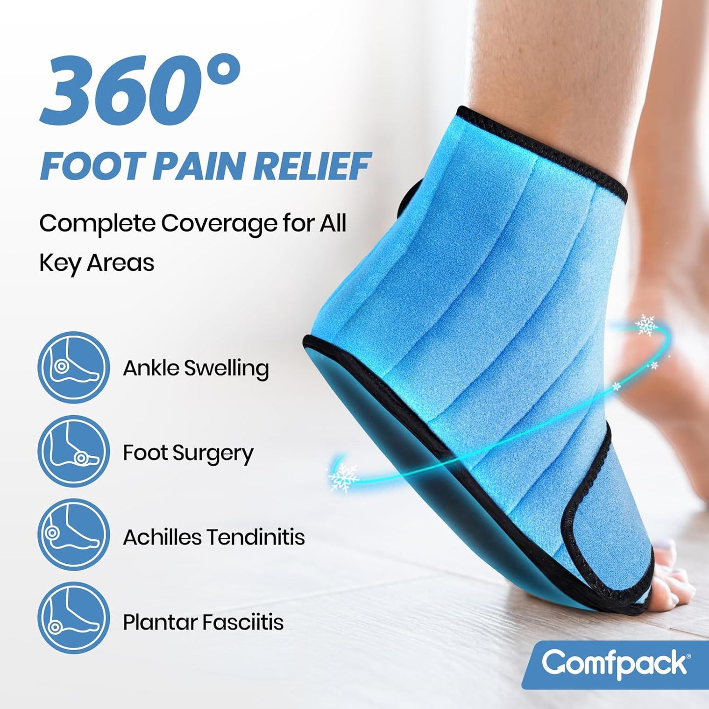 Comfpack Ankle Ice Pack Wrap, 2 Hours Long Lasting Cold Therapy for Swelling, Sprained Ankle, Achilles Tendonitis, Plantar Fasciitis Relief, Heel Pain, Reusable Ice Wrap for Surgery Recovery
