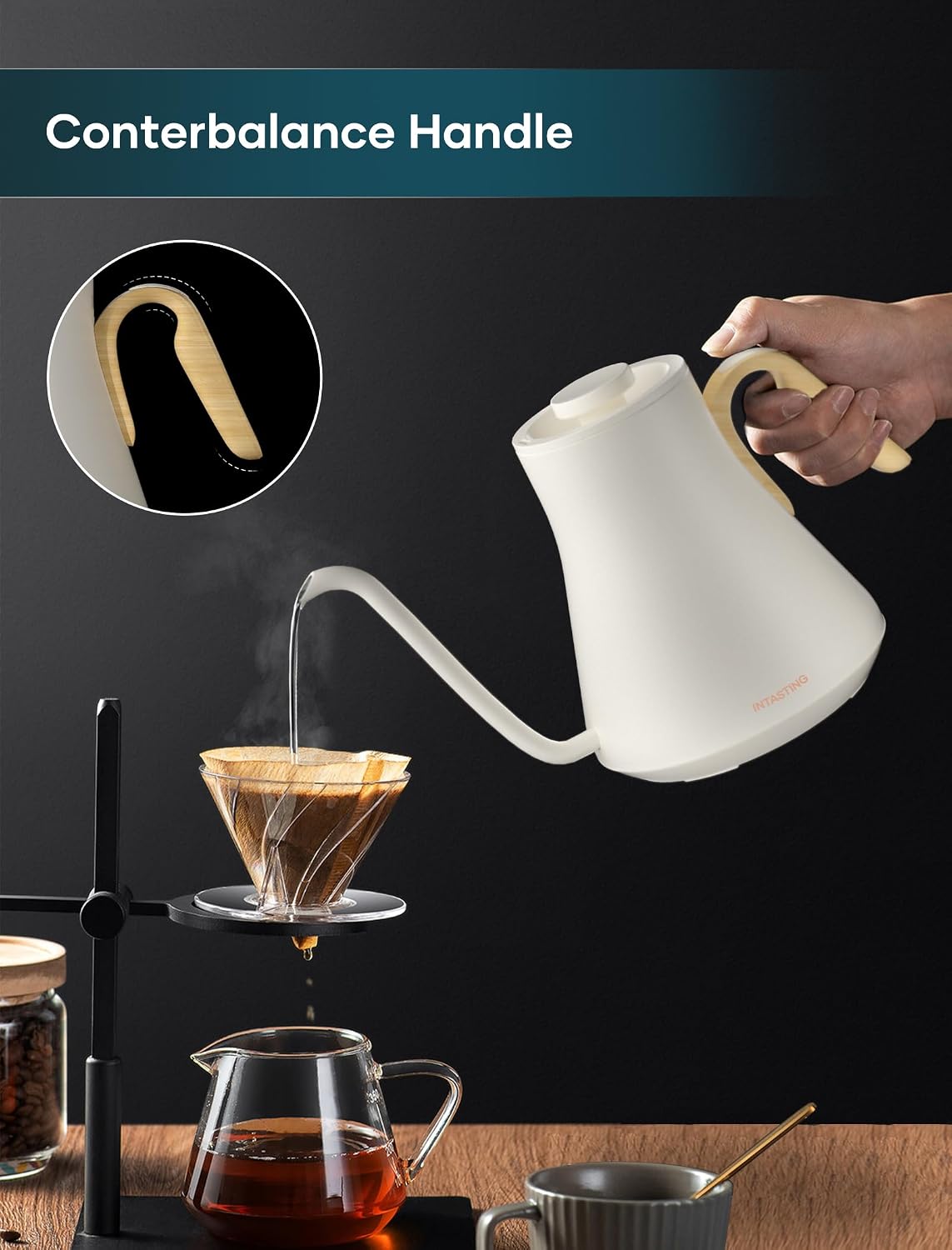 INTASTING Electric Kettle, Gooseneck Electric Kettle, ±1℉ Precise Temperature Control, Stainless Steel Interior, Quick Heating for Pour Over Coffee, Tea & Boiling Water, 0.9L (Black)
