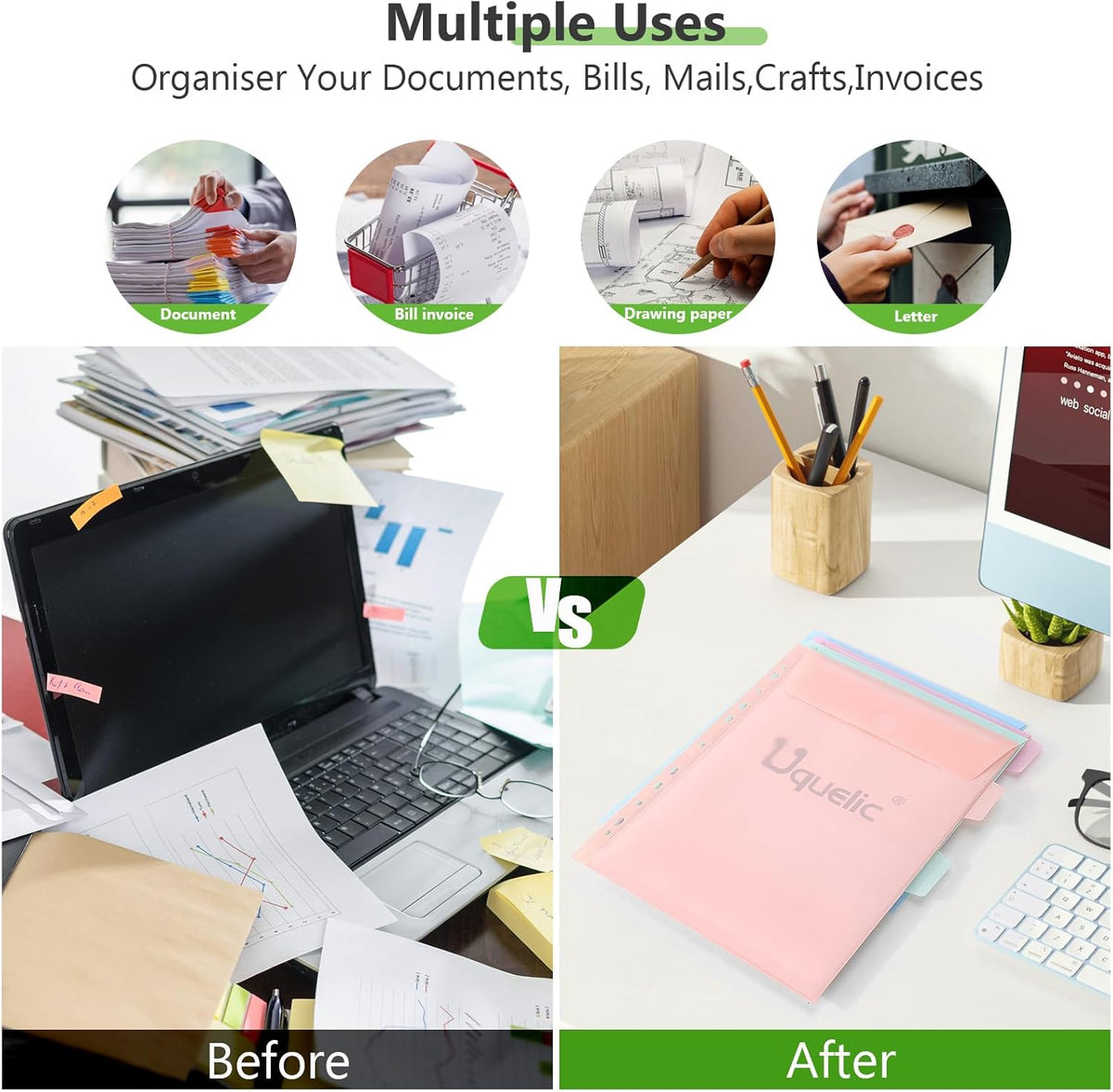 Uquelic Document Organizer, Soft PVC 3 Ring Binder with 12 Pockets