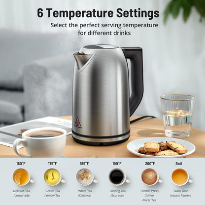 1.7L Electric Tea Kettle, 6 Precise Temperature Presets Stainless Steel Electric Kettle Temperature Control,1500W Fast Boiling Hot Water for Oolong & Green Tea with Strix Control