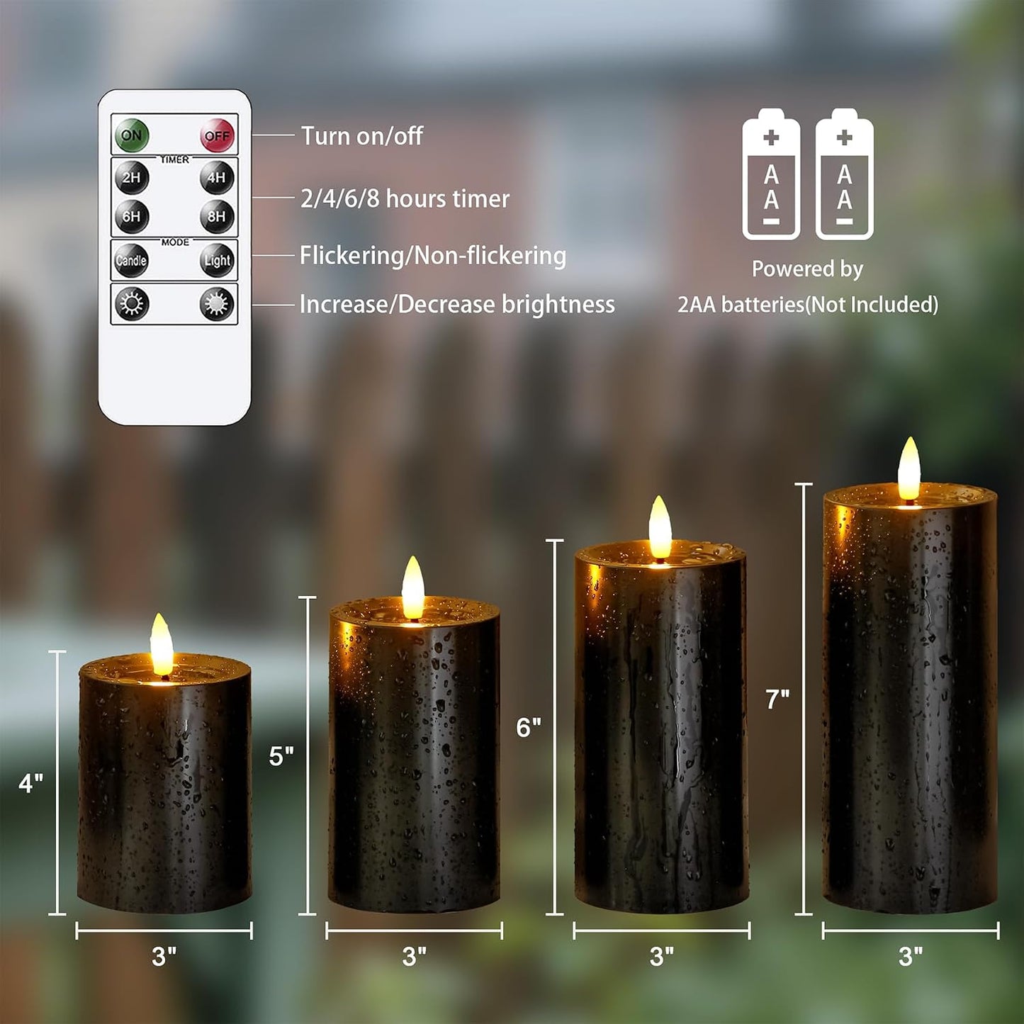Yeelida Outdoor 4pcs Flameless Waterproof Candles with Handy Remote Control, Cycle Timer Battery Operated Candle Grease Effect LED Flickering Pillar Plastic Long Lasting (Ivory, 3" x4" 5" 6" 7")