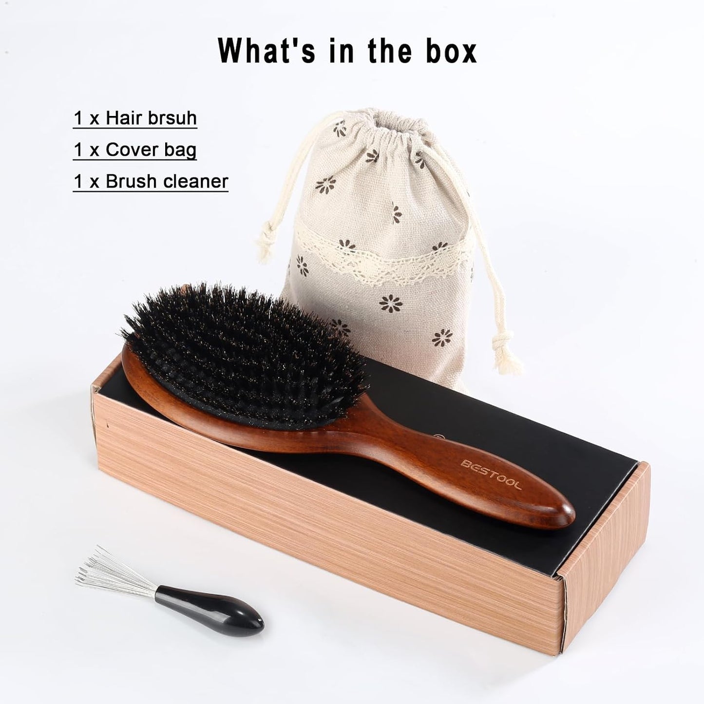 BESTOOL Hair Brush-Boar Bristle Hair Brushes Natural Bamboo Wooden Cushion Massage Anti Static Large Paddle Hairbrush for Women Men and Kid (Round)