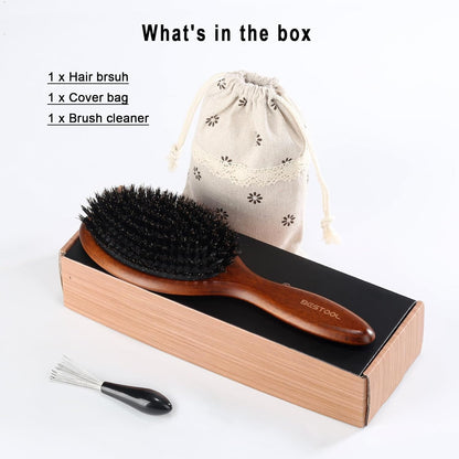 BESTOOL Hair Brush-Boar Bristle Hair Brushes Natural Bamboo Wooden Cushion Massage Anti Static Large Paddle Hairbrush for Women Men and Kid (Round)