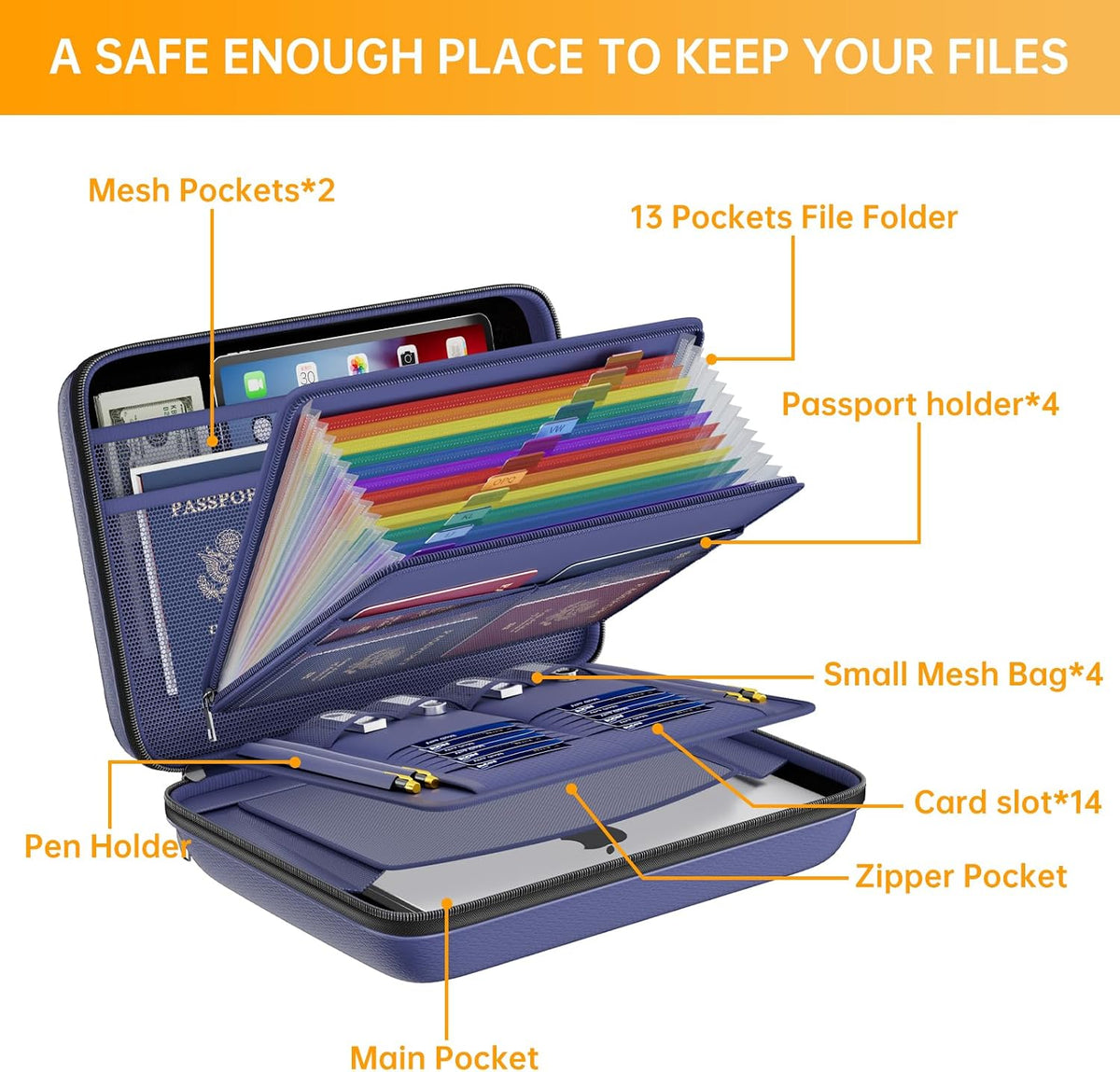 DocSafe Fireproof File Organizer with Lock, Hard-Shell Case Fireproof Document Box with 13 Pocket Accordion File Folder, Portable Home Office Travel Safe Storage for Important Documents Laptop Beige
