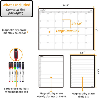 JJPRO Magnetic Monthly Calendar Whiteboard Set for Fridge-Monthly Planning Board and Two Bonus Dry Erase Grocery Board&Weekly Menu Board-Meal Planner Whiteboard/to-Do List-6 Markers