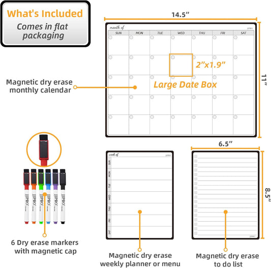 JJPRO Magnetic Monthly Calendar Whiteboard Set for Fridge-Monthly Planning Board and Two Bonus Dry Erase Grocery Board&Weekly Menu Board-Meal Planner Whiteboard/to-Do List-6 Markers