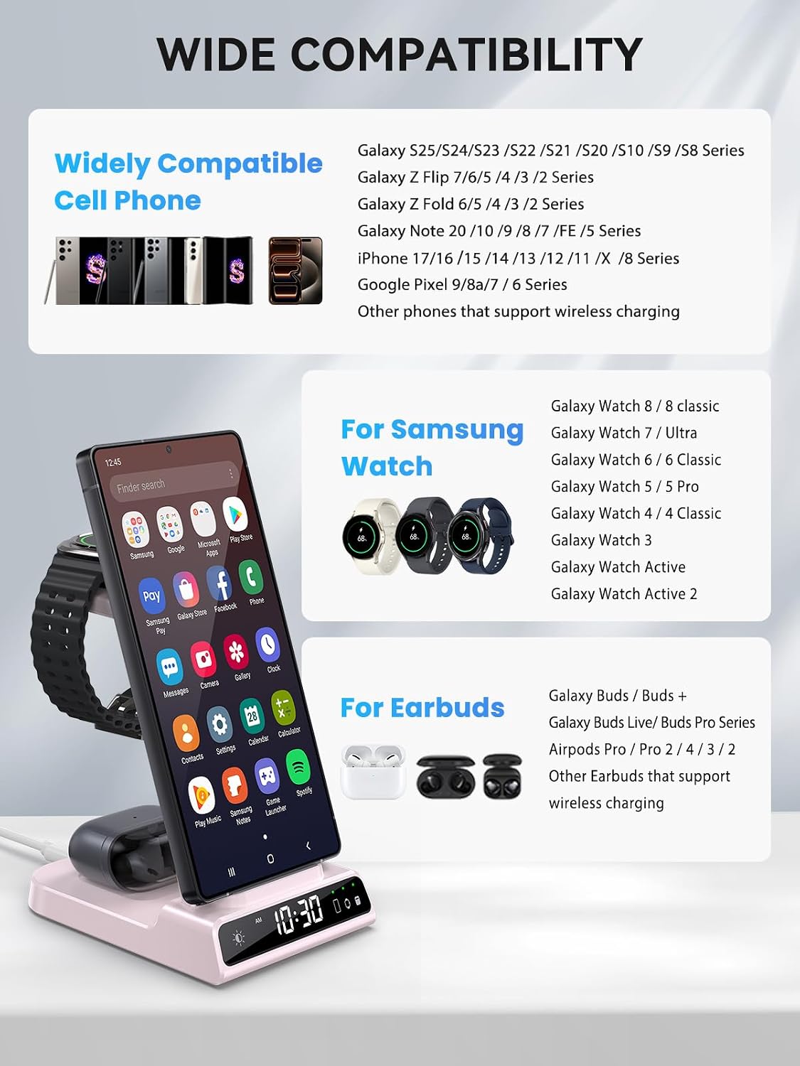 Wireless Charger for Samsung S25 with Clock 3 in 1 Android Charging Station