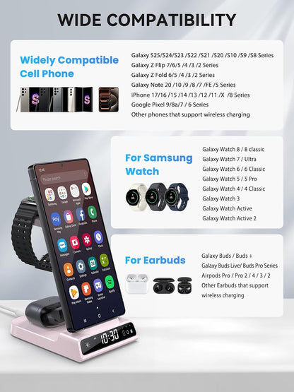 Wireless Charger for Samsung S25 with Clock 3 in 1 Android Charging Station