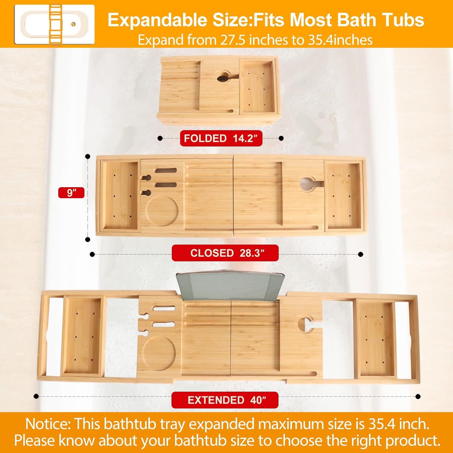 Banlilu Bathtub Tray - Bath Tray Expandable - Bath Tub Tray Table for Bathtub, Ajustable Size, Fits Most Tubs