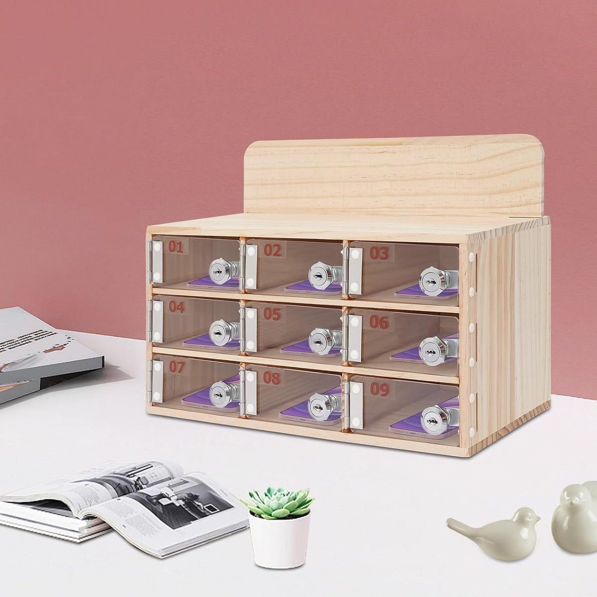 20-Slot Cell Phone Locker Box, Wood/Acrylic, Wall/Desk with Locks and Keys