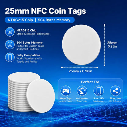 NTAG215 Blank NFC Coin Tags, 25mm Round Programmable 504 Bytes