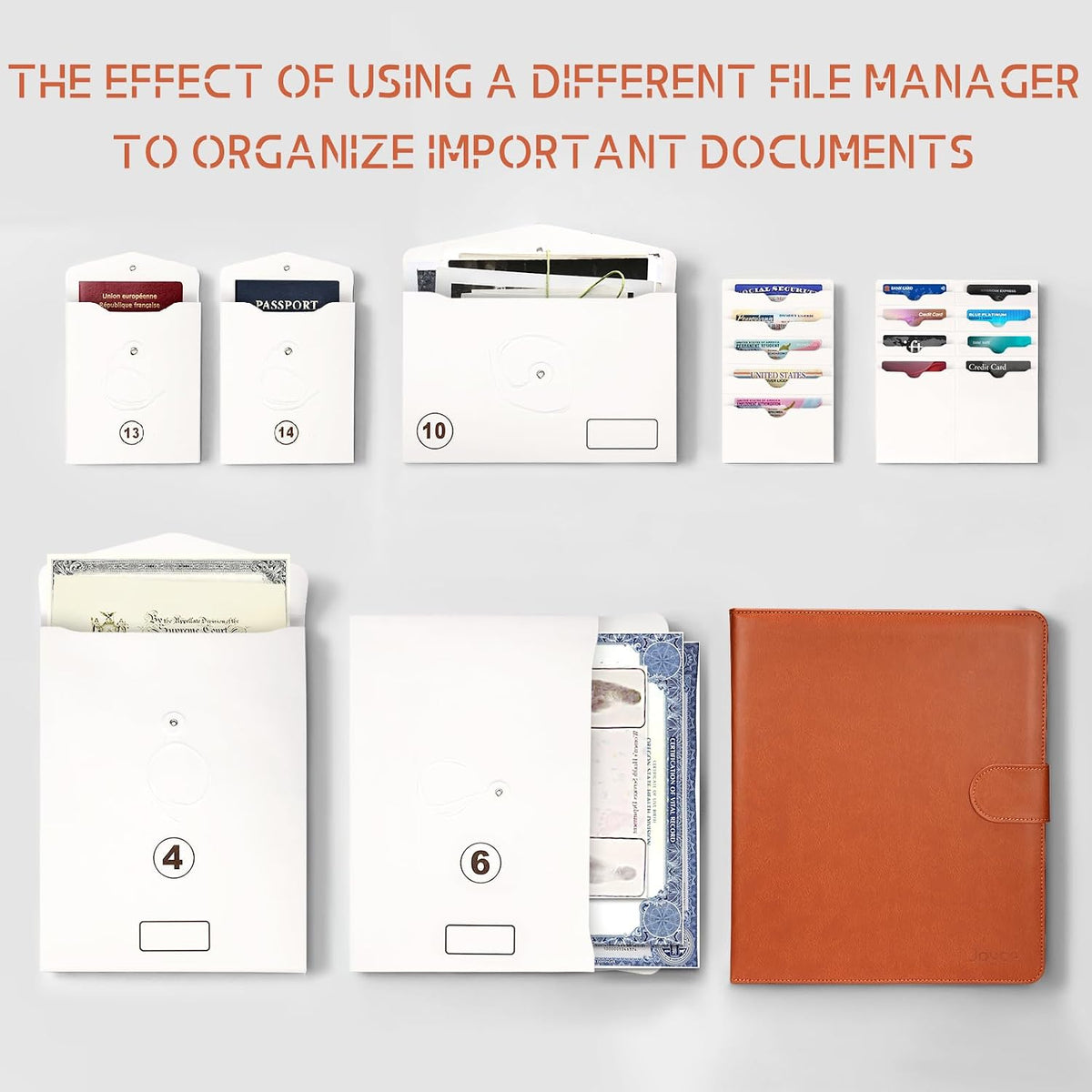 JOYCE Important Document Organizer 14 Expanding Pockets,Brown