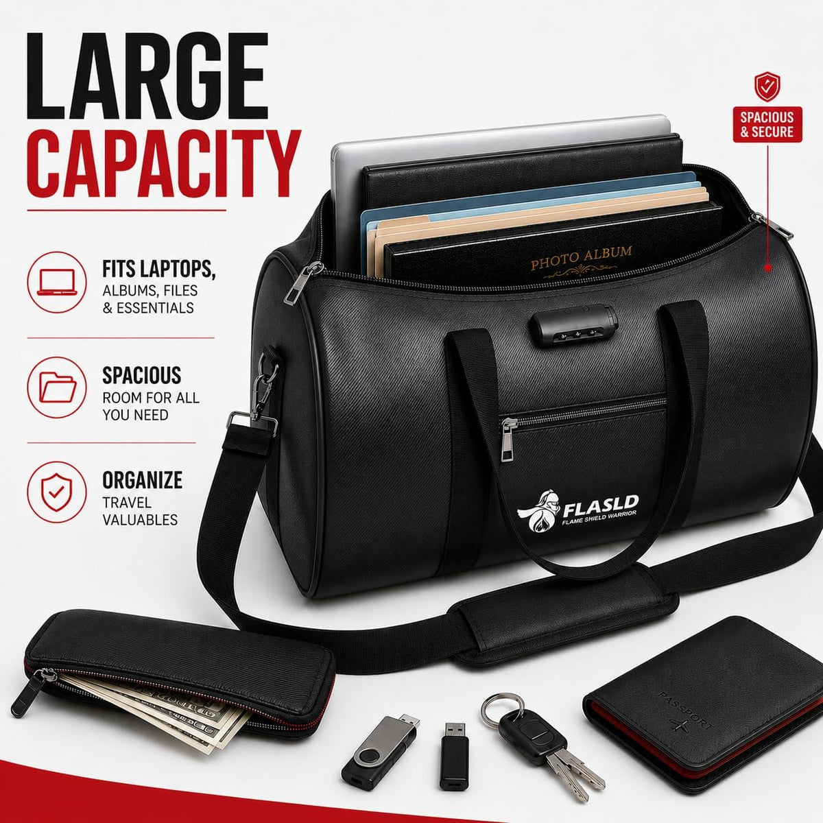 FLASLD Large Fireproof Document Bags, 24x12x12” Waterproof Storage Firesafe Bag, Fireproof Folder Safe Box for Cash, Valuables & Passport, Silicone Coating & Zipper Closure