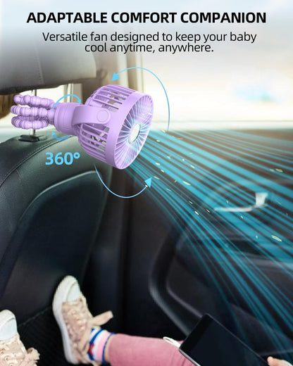 Portable Stroller Mini Fan, Small Rechargeable Personal Fan, Baby Travel Essentials for Wagon, Car Seat, Treadmill, Battery Powered Biking Gear Accessories, 360° Rotation, 3-Speed, Display, Black