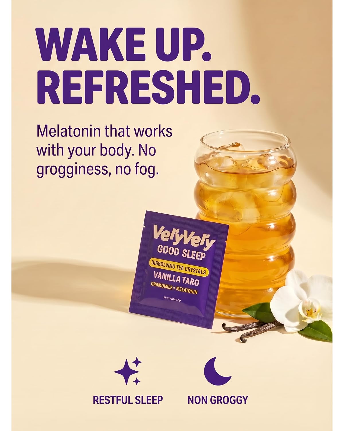 VeryVery Good Tea Crystals - Vanilla Taro Sleep Tea with Melatonin, Chamomile + L-Theanine, Bedtime Drink Mix, Non Habit Forming, Hot or Cold Packets, 10 Pack