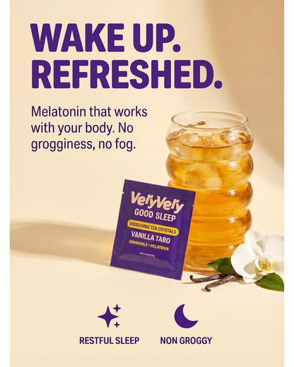 VeryVery Good Tea Crystals - Vanilla Taro Sleep Tea with Melatonin, Chamomile + L-Theanine, Bedtime Drink Mix, Non Habit Forming, Hot or Cold Packets, 10 Pack