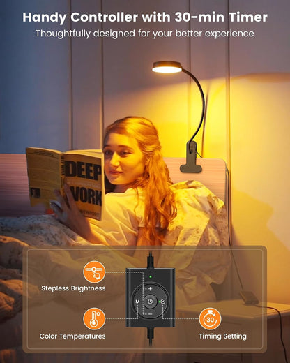 Glocusent 5W Clip on Light, 36 LED Eye Caring Reading Light for Bed, 3 Colors & 5 Brightness Clip on Lamp with Adapter, Perfect Desk Lamp with Clamp/Bunk Bed/Headboard/Table