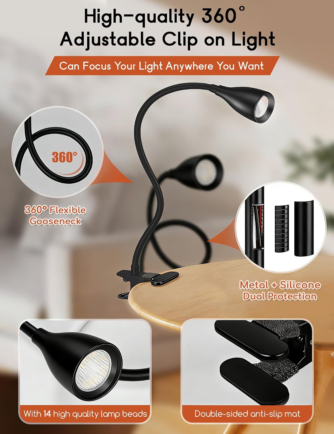 Reading Light for Book in Bed, Clip on Light Reading Lamp with Adapter, 5 Color Modes 10 Brightness, 360° Flexible Eye-Caring Clip on Desk Lamp Book Light for Reading in Bed Headboard Bedside Bedroom