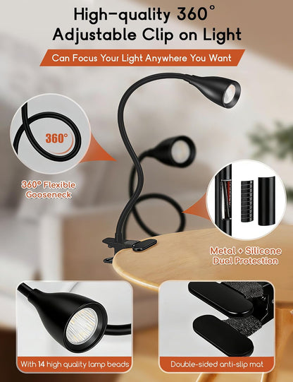 Reading Light for Book in Bed, Clip on Light Reading Lamp with Adapter, 5 Color Modes 10 Brightness, 360° Flexible Eye-Caring Clip on Desk Lamp Book Light for Reading in Bed Headboard Bedside Bedroom