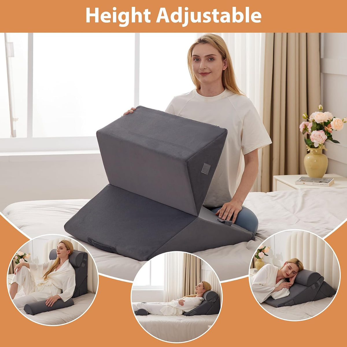 BIEEZZK Wedge Pillow Set for After Surgery, Wedge Pillow for Acid Reflux, Bed Wedge Pillow with Adjustable 9&12inch for Headboard,Sleeping, Orthopedic Memory Foam for Neck&Back Support, White/Grey