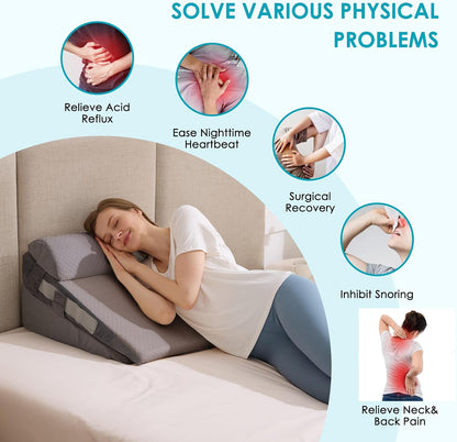 3Pcs Wedge Pillow Set for After Surgery,Acid Reflux Relief, Adjustable Bed Wedge Pillows for Sleeping,Anti Snore, Memory Foam Triangle Pillow for Back&Neck&Shoulder Pain Relief, White&Grey