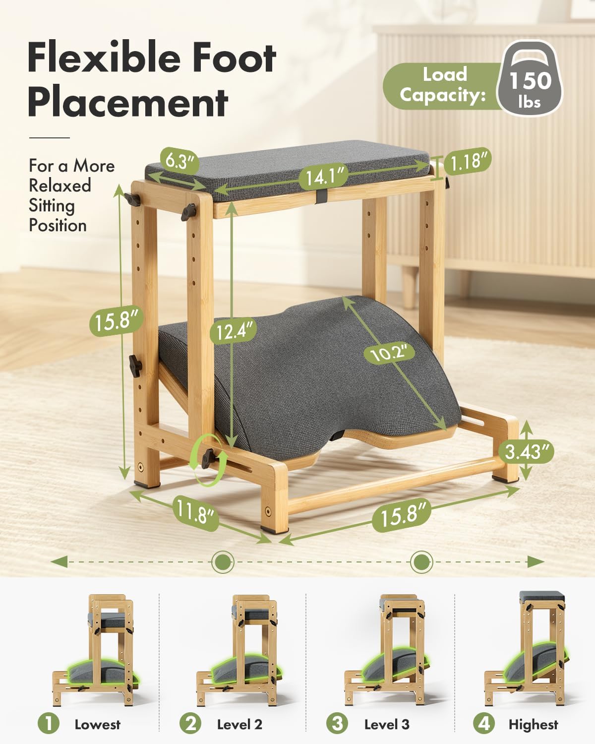 Amazer Bamboo Under Desk Footrest with Cushion 3-in-1, Reversible Ergonomic Wood Rocking Foot Rest for Under Desk at Work, Adjustable Foot Stools with Washable Cover, Desk Leg Rest for Home Office