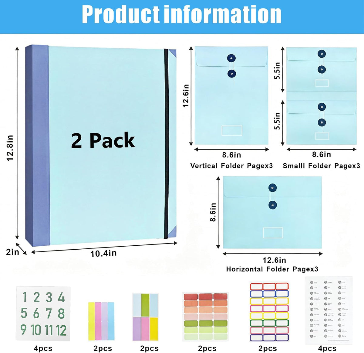 2 Sets Important Document Organizer Binder,File Folder with Labels Blue