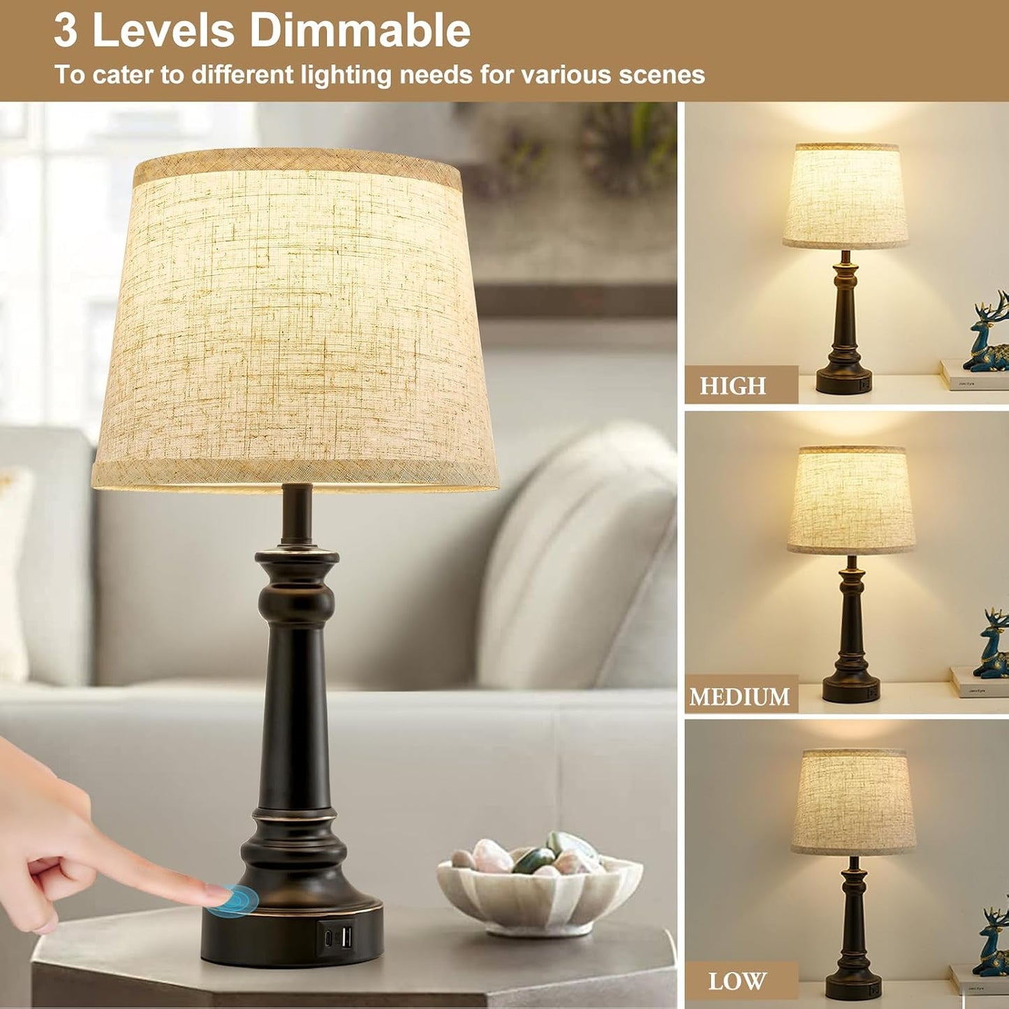 EJIAXIN Lamps for Bedrooms Set of 2, Brushed Nickel Bedside Lamps with USB C+A Ports,Dimmable Nightstand Lamps with Fabric Lampshade, Touch Table Lamp for Living Room Bedroom Office, Bulbs Included
