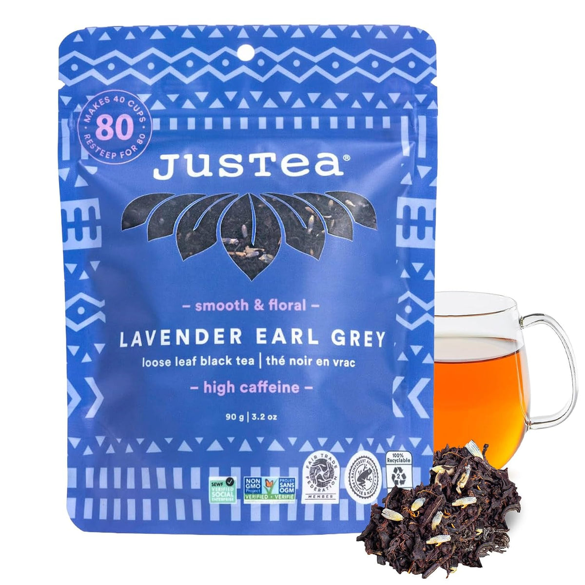 JusTea LAVENDER EARL GREY Loose Leaf Black Tea, 40+ Cup Pouch, 4/5 Caffeine