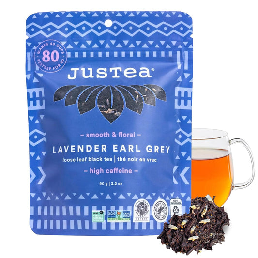 JusTea LAVENDER EARL GREY Loose Leaf Black Tea, 40+ Cup Pouch, 4/5 Caffeine