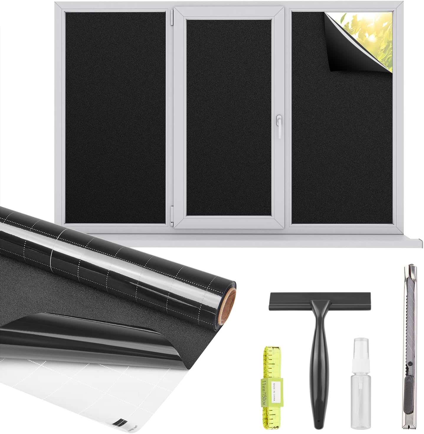 Kromapolis Blackout Window Privacy Film Total Light Blocking Room Darkening Window Covering, Removable Static Cling Frosted Glass Tint, Non-Adhesive, Black 17.5'' x 78.7''