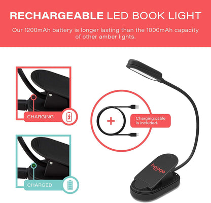 hooga Amber Book Light – Blue Light Blocking Reading Light for Bed, Stepless Dimming, Rechargeable Clip-On Night Light, 1600K Amber & 625nm Red LED for Night Reading
