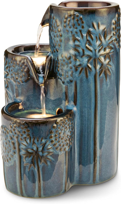 Glitzhome Ceramic Tabletop Tiered Water Fountain with Pump and LED Light 8.75'' Turquoise Leaf Textured Water Fountain Zen Decor for Indoor and Home Decoration Table Desk Office Patio