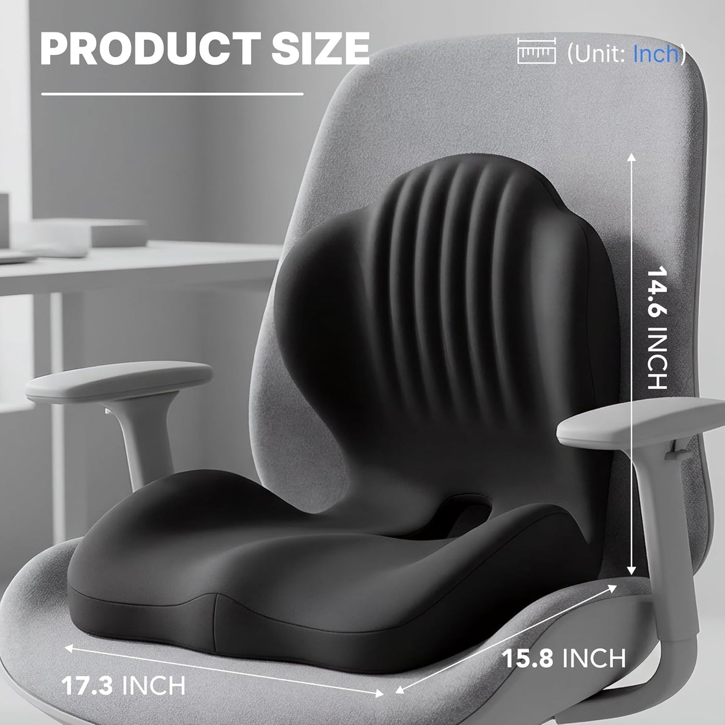 Ergonomic Seat Cushion, Office Chair Seat Cushions with L-Shaped Design, Memory Foam Orthopedic Cushion with Coccyx Hollow, Lumbar Support & Tailbone Pain Relief for Car, Truck, Gaming Chair (Black)