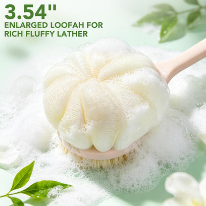 Back Scrubber for Shower, 15.7" Loofah with Handle, Back Shower Brush with Bristles and Loofah, Dry Brushing Body Brush for Cleanse Back and Hard to Reach Areas with Curved Long Handle