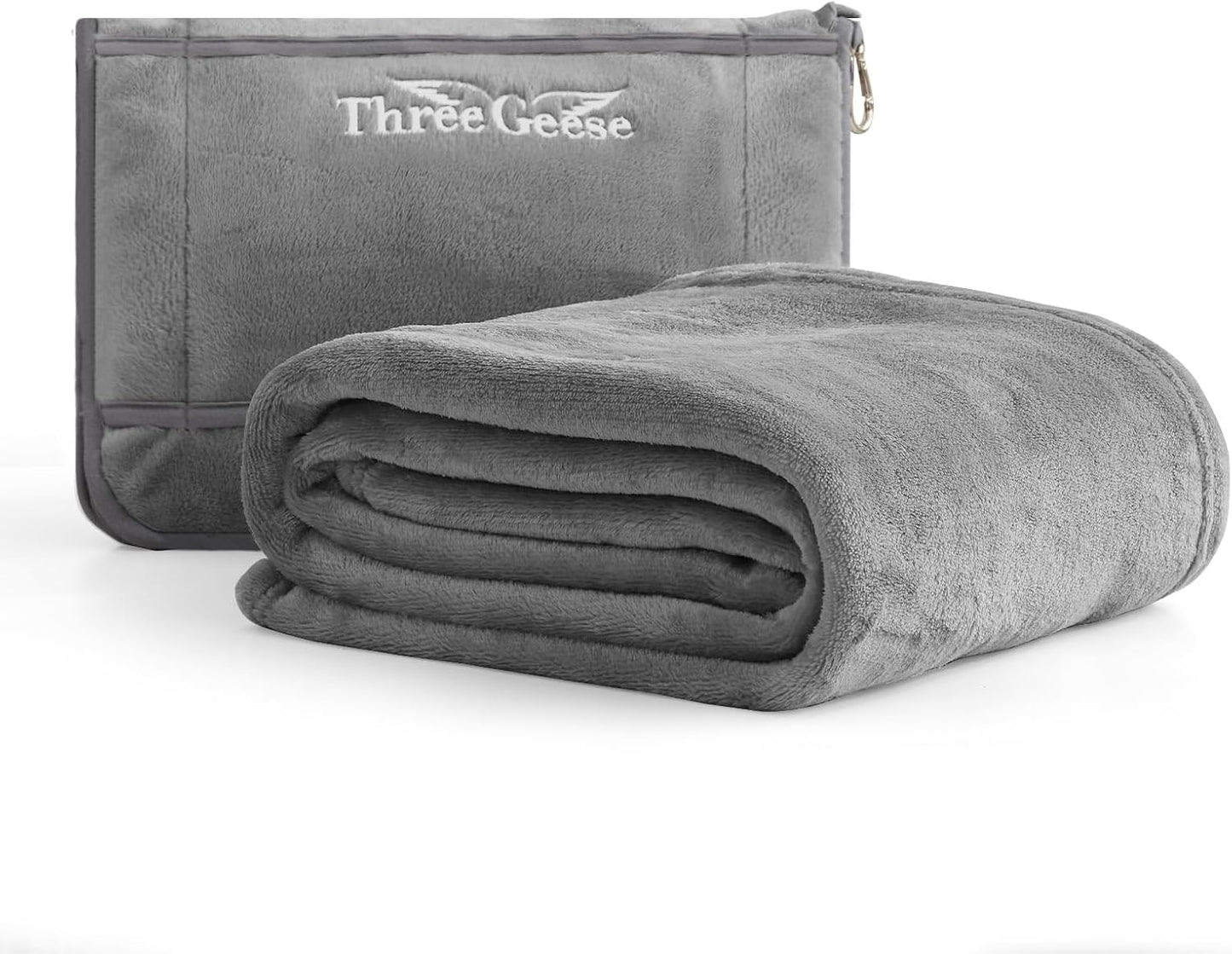 Three Geese Travel Blanket & Pillow 2-in-1 – Ultra-Soft Fleece Airplane Blanket 65"x40", Compact Carry Case with Luggage Sleeve & Backpack Clip, Lightweight Travel Essentials for Flight, Camping, Car
