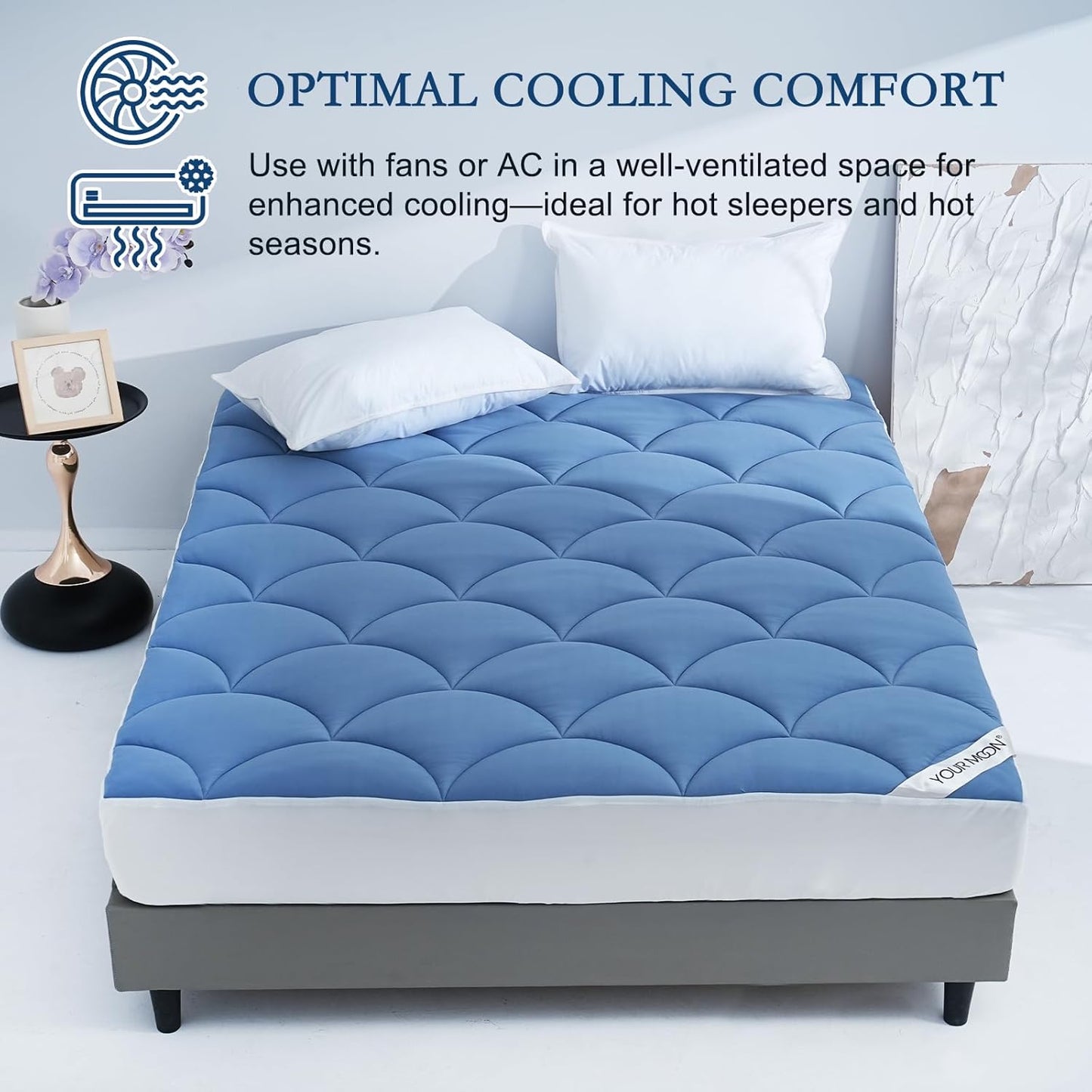 YOUR MOON Queen Size Cooling Mattress Pad, Cool Mattress Topper for Hot Sleepers, Soft Breathable Noiseless Pillow Top Cover, Quilted Fitted Bed Pad for 8''-16'' Deep Pocket, 500GSM (Gray)