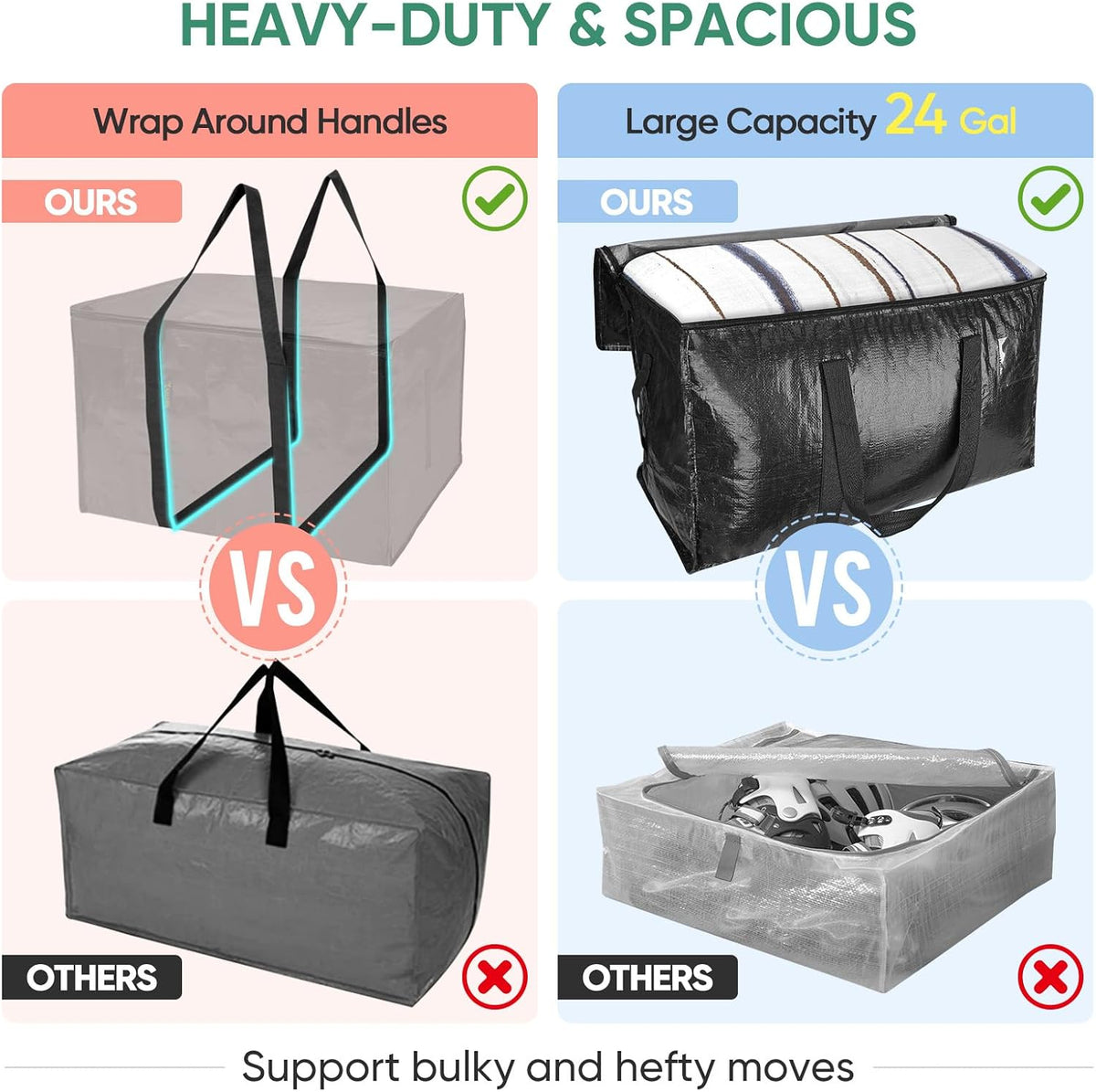 BALEINE Oversized Moving Bags with Reinforced Handles, Heavy-Duty Storage Tote for Clothes, Moving Supplies (Clear)