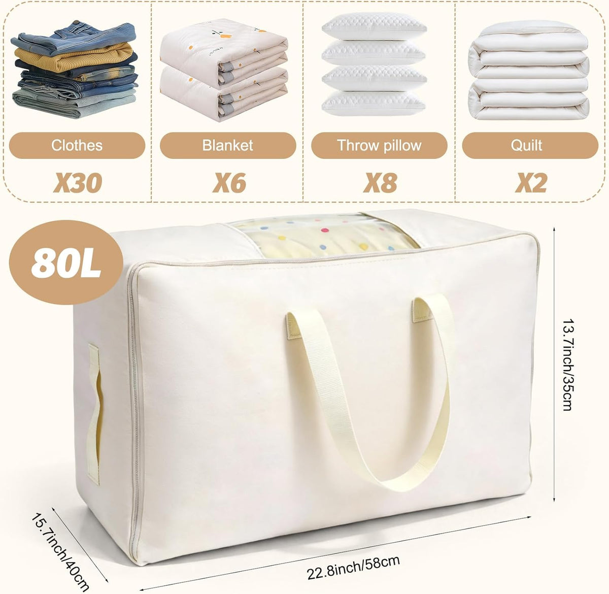 Soft Large Canvas Storage Bags with Zipper. Thick Breathable. Four Carrying Handles and Window. Cotton Linen Storage for Pillows, Quilt, Blankets and Comforter, 80L, Beige