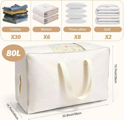 Soft Large Canvas Storage Bags with Zipper. Thick Breathable. Four Carrying Handles and Window. Cotton Linen Storage for Pillows, Quilt, Blankets and Comforter, 80L, Beige