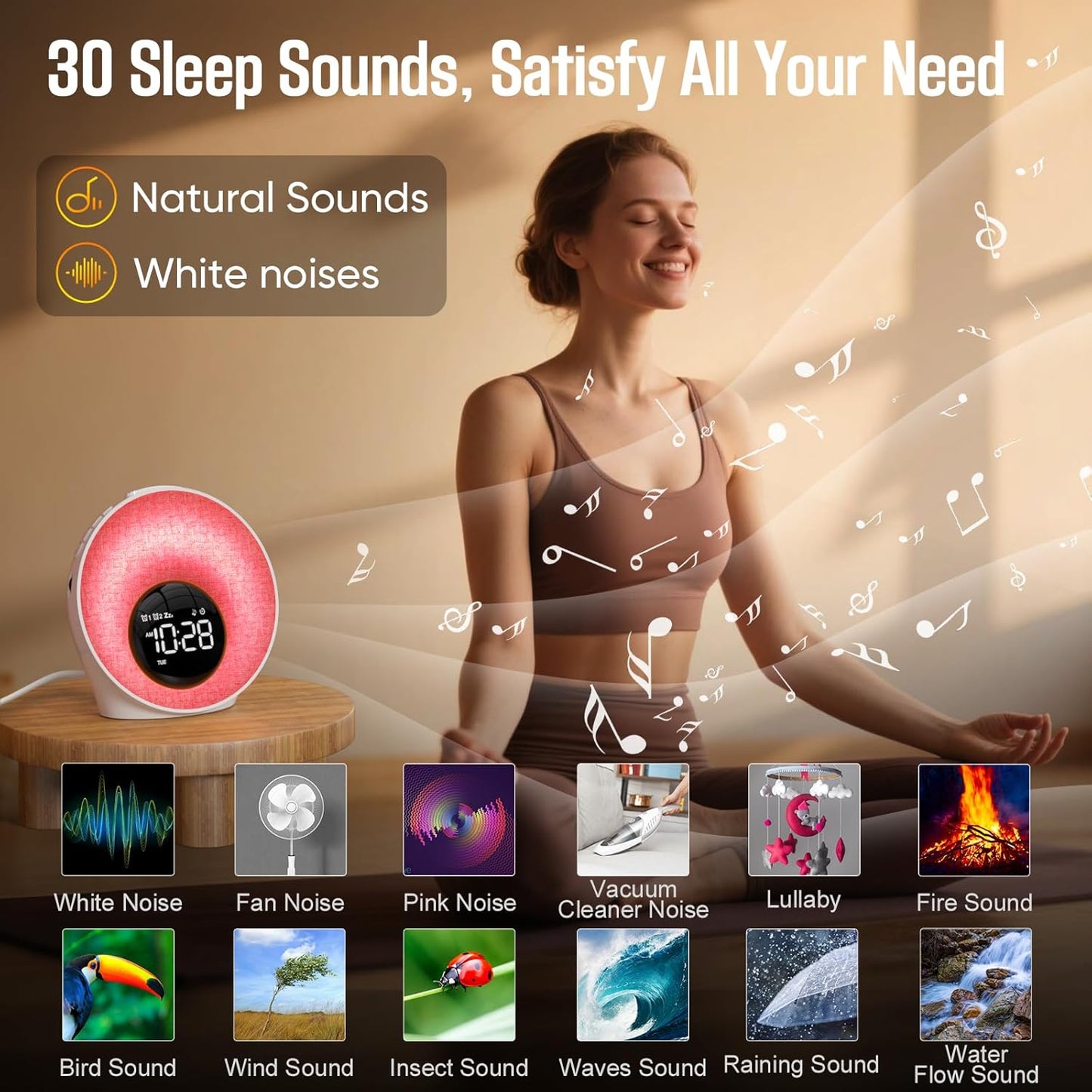 Sunrise Alarm Clock, White Noise Sleep Sound Machine for Bedroom, Wake Up Light with 30 Soothing Sounds, Dual Alarms, Snooze, Bedside Lamp, Christmas Gift for Baby, Adults, Heavy Sleepers