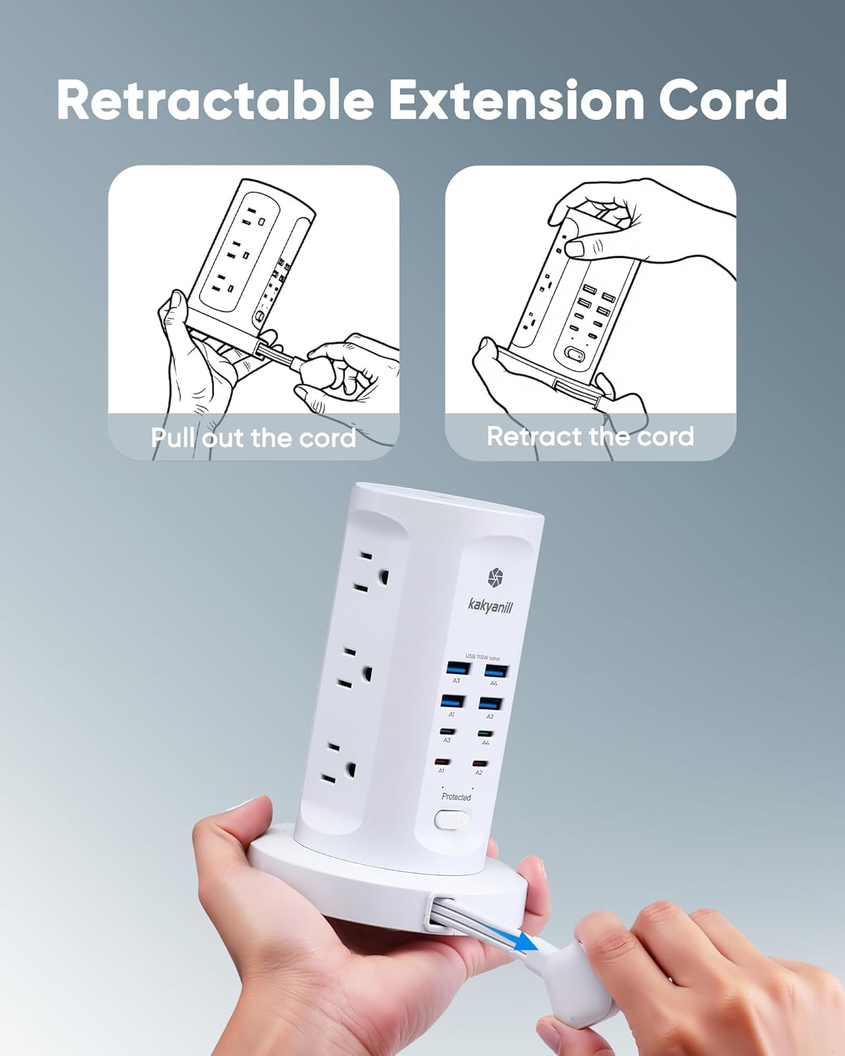 Kakyanill 115W USB Charging Station, Power Strip Tower with 9 AC 8 USB