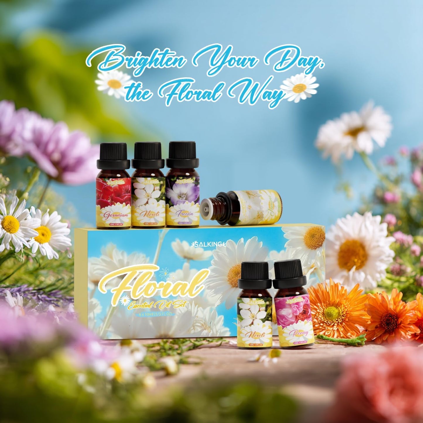 SALKING Floral Essential Oils Set, Premium Pure and Natural Essential Oils, Fragrance Oil Scented Oils for Oil Diffusers 6 x 10 ML - Lavender, Rose, Jasmine, Cherry Blossom, Gardenia, Chamomile