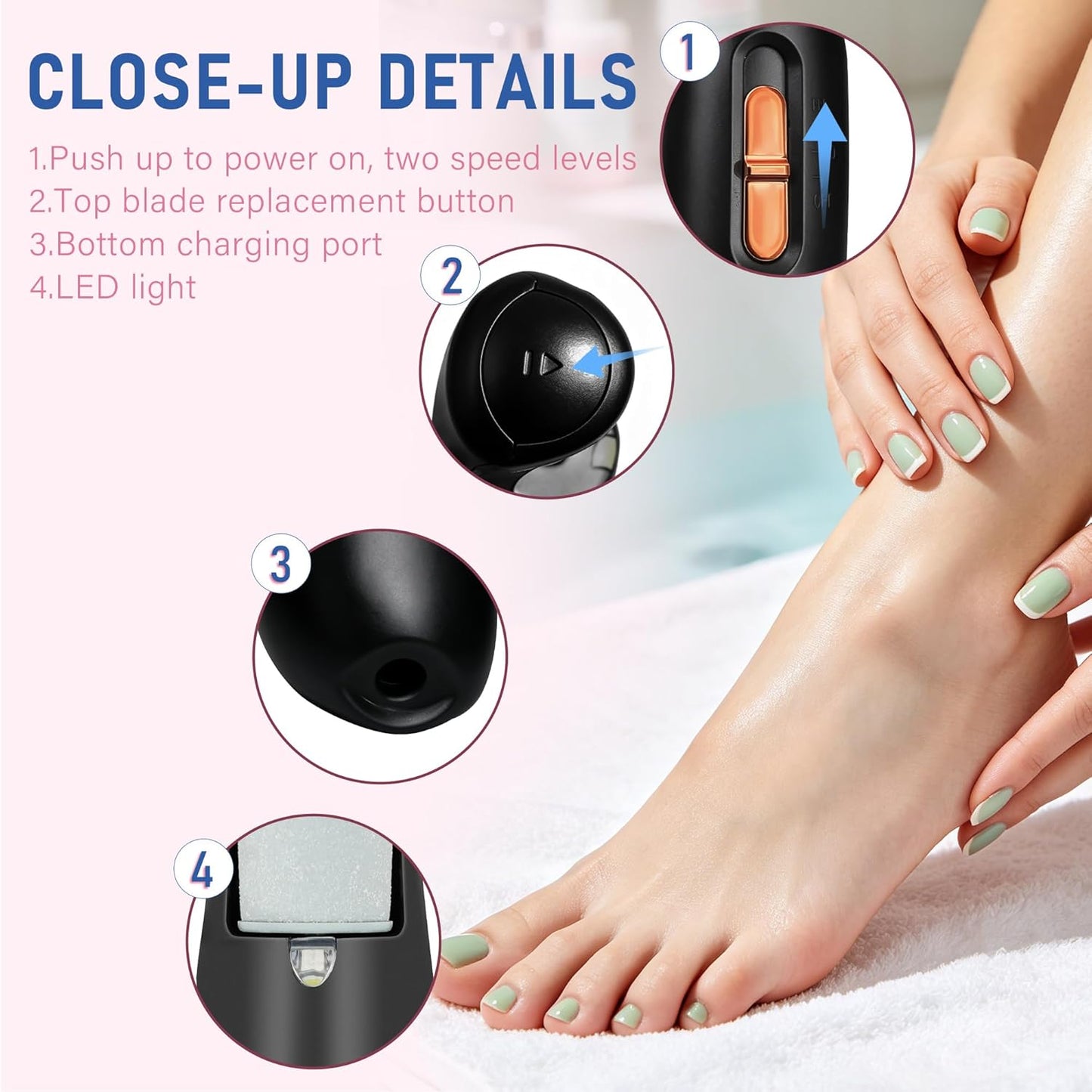 LQT® Electric Foot File – Rechargeable Callus Remover for Hard, Cracked Skin – At-Home Pedicure Kit for Smooth Feet (Men & Women) (White)