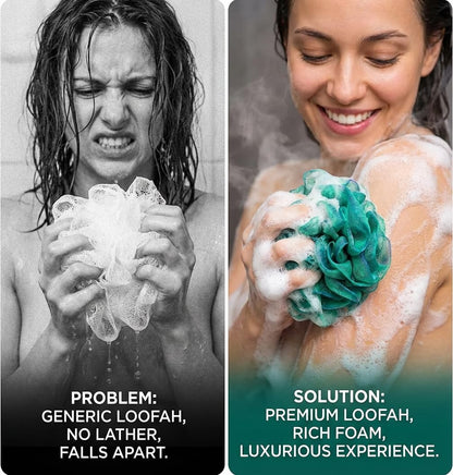 DadyMart Shower Loofah Sponge Pouf – XL Exfoliating Bath Puff Body Scrubber, Soft Mesh Shower Sponge with Reinforced Knot, Rich Lather, Set of 4 for Women and Men