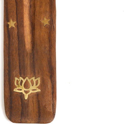 Wooden Incense Holder for Sticks with Inlays of Brass Crescent Moon 10 inches Long