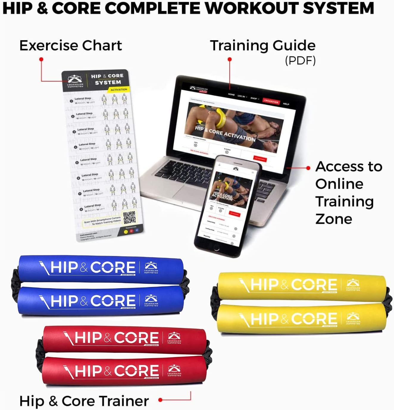Crossover Symmetry Hip & Core System - Loop Resistance Home Workout Bands to Stretch and Strengthen Legs, Butt, Hips, Thighs and Glutes, Includes Online Exercise & Training Guide