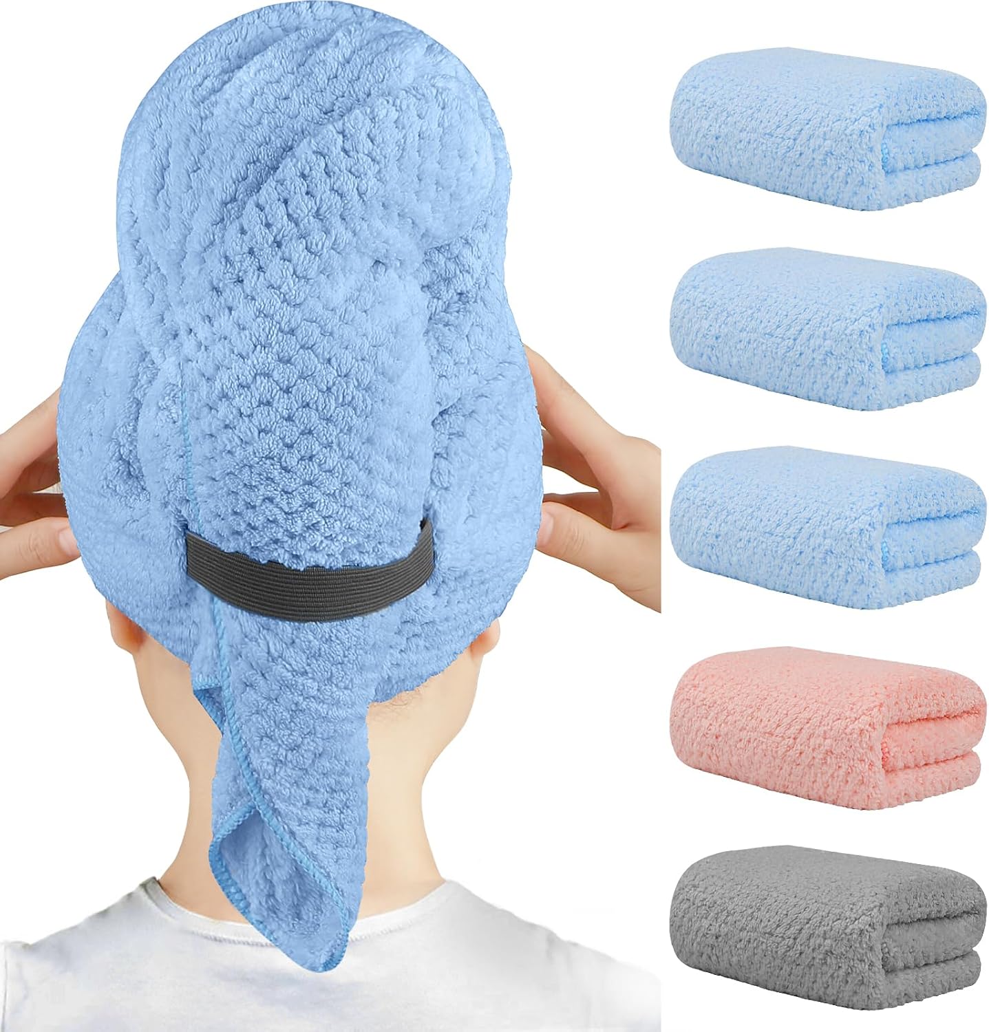 HOMEXCEL 5 Pack Microfiber Hair Towels - 40 x 20 inches Super Soft, Fast Drying Turbans for Long, Thick, Curly Hair - Anti Frizz Wrap with Elastic Strap