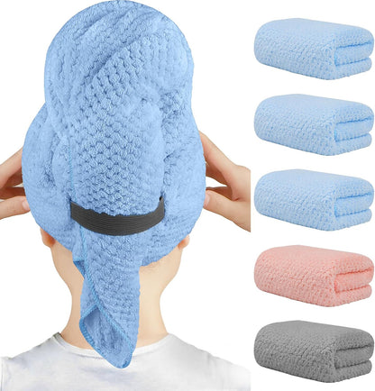 HOMEXCEL 5 Pack Microfiber Hair Towels - 40 x 20 inches Super Soft, Fast Drying Turbans for Long, Thick, Curly Hair - Anti Frizz Wrap with Elastic Strap