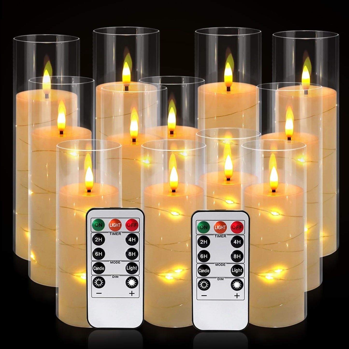 24 Pcs LED Flameless Candles with Remote, 3D Flickering Flame & LED String Lights, Acrylic Clear Cylinder, Timer Function, Romantic Ambience for Home Decor, Party, Wedding (Ivory).